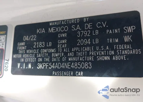 2022 Kia Forte Gt-Line z USA, uszkodzony, nr VIN 3KPF54AD4NE485083